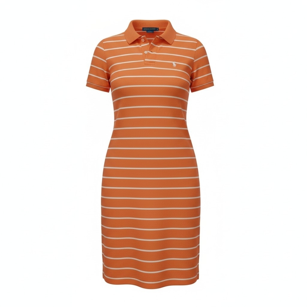 Ralph Lauren Sport White And Orange Striped Pique 100% Cotton Polo Dress Size M